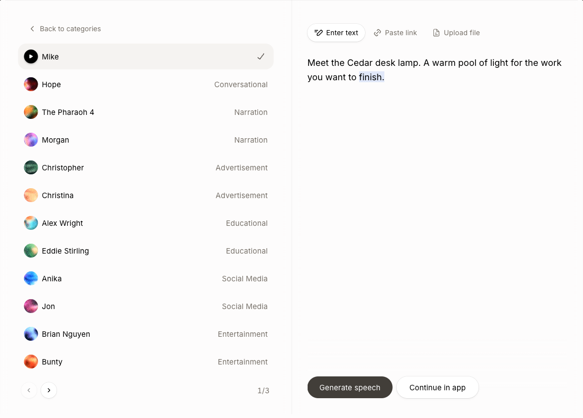 Official ElevenLabs public demo with Mike selected and the Cedar script entered