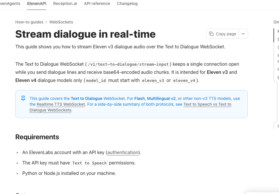 Official Text to Dialogue WebSocket documentation and requirements