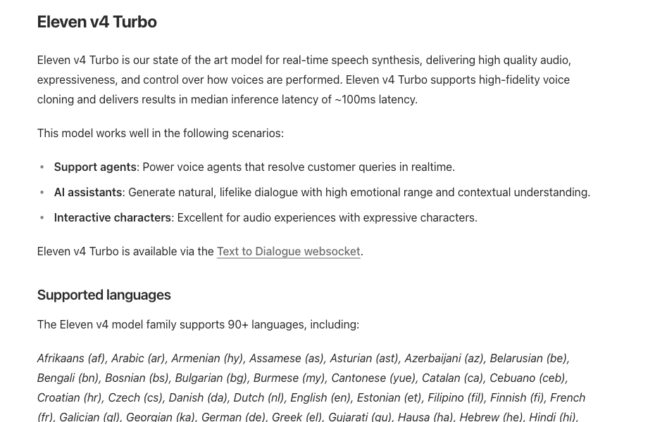 ElevenLabs documentation describing Eleven v4 Turbo and its language support