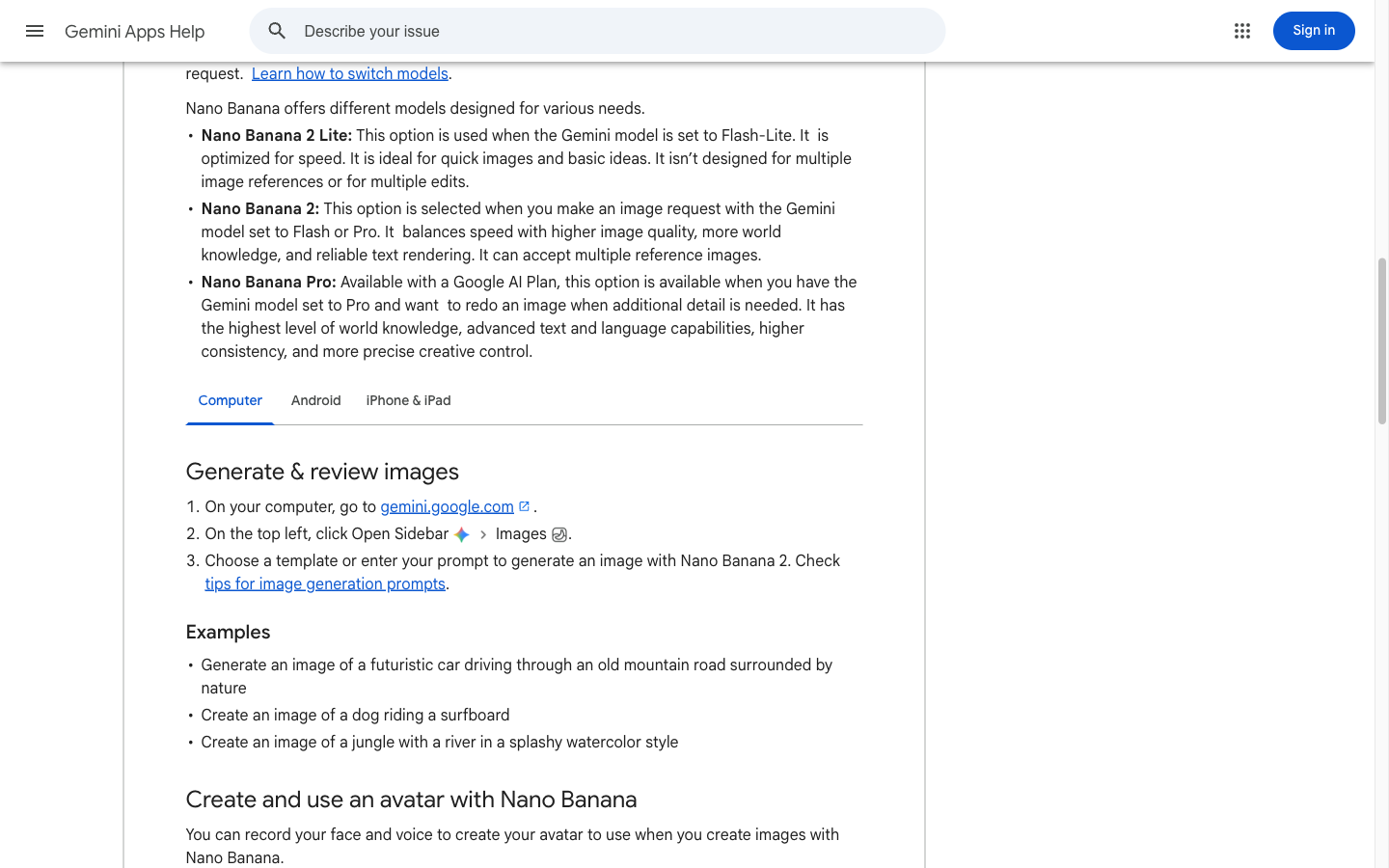 Google Gemini Apps help page describing Nano Banana image creation and the separate Pro redo route