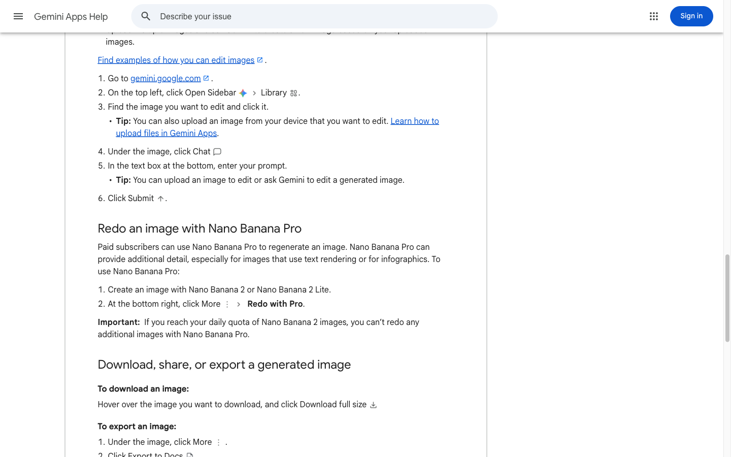 Google Gemini help page showing the More menu and Redo with Pro workflow