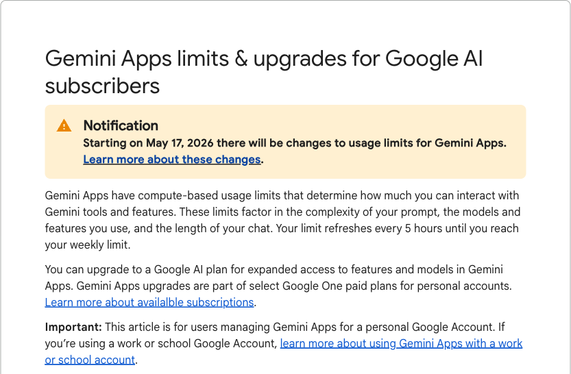 Aide des applications Gemini expliquant l'utilisation basée sur la puissance de calcul, les mises à jour toutes les cinq heures, la limite hebdomadaire et le périmètre du compte personnel