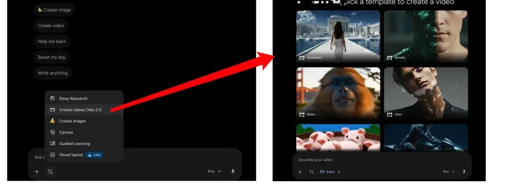 Menu pembuatan video Gemini yang sebelumnya berada di samping kotak perintah