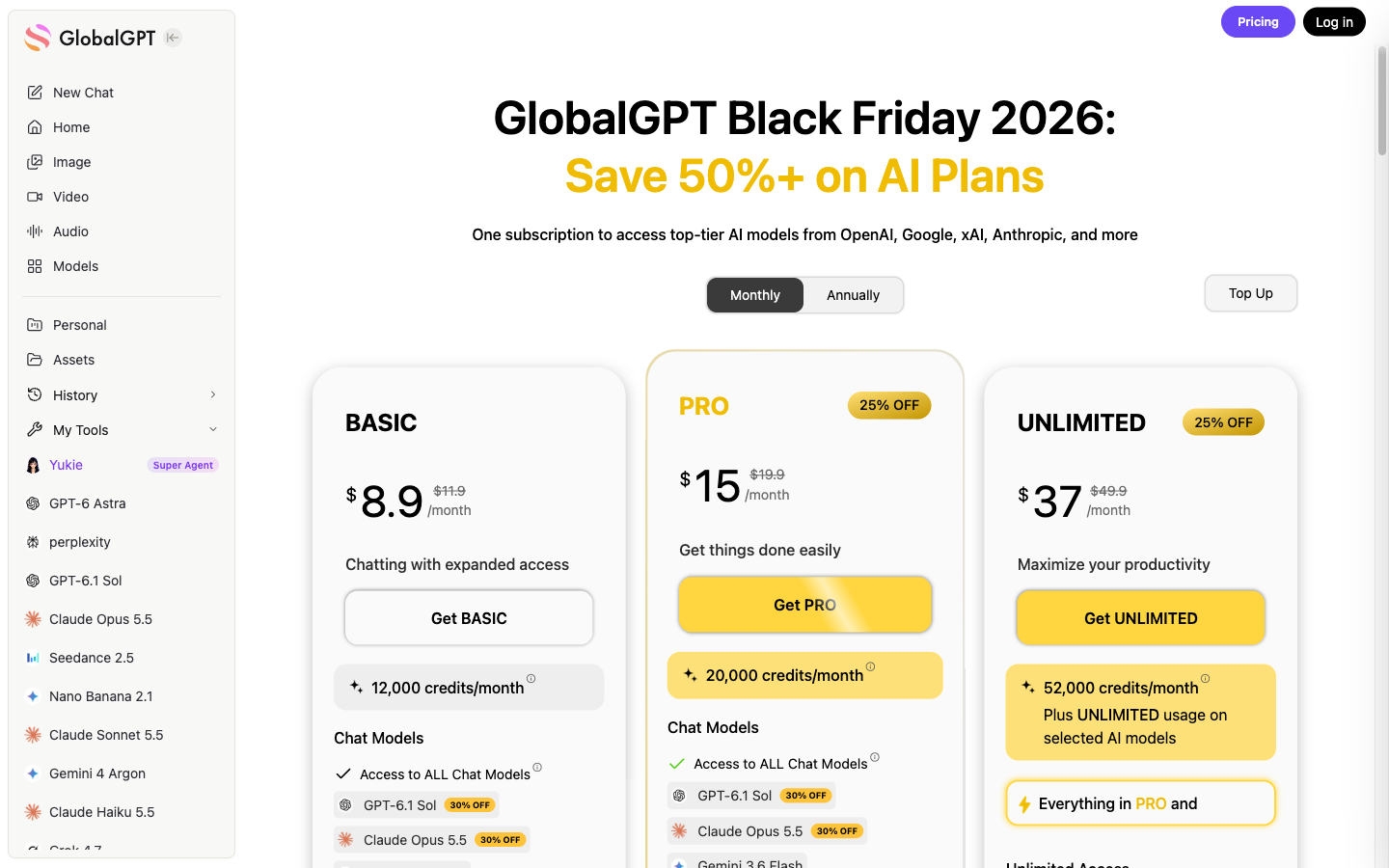 GlobalGPT monthly pricing cards with credits and selected-model unlimited wording
