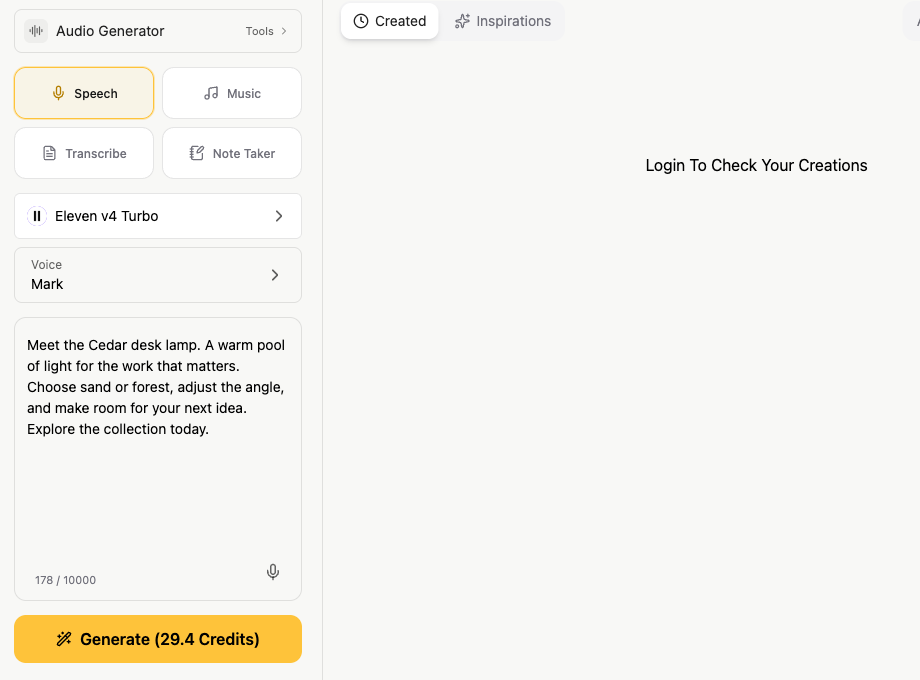 GlobalGPT Eleven v4 Turbo form with Cedar sample script and credit estimate