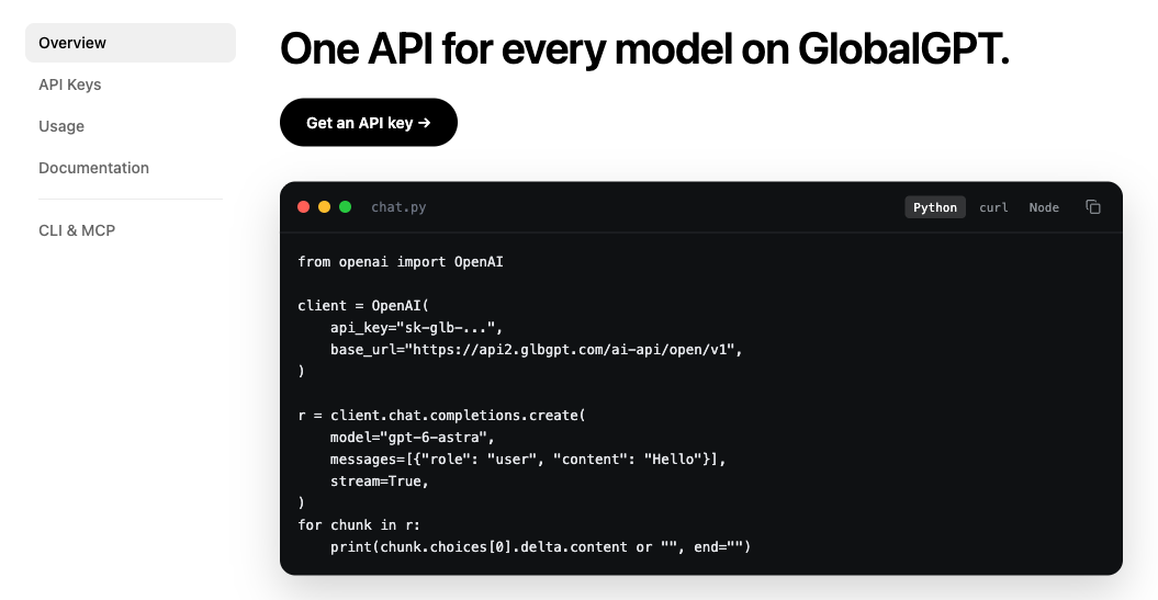 GlobalGPT API 条目，包含 API 文档和代码集成选项