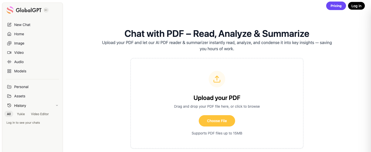 GlobalGPT ChatPDF 上传界面,带有“选择文件”按钮,PDF 文件大小限制为 15 MB