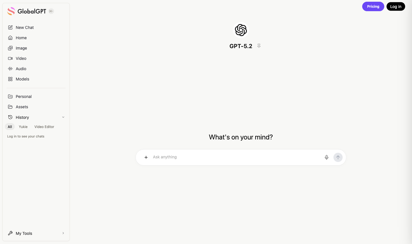 GlobalGPT GPT-5.2 工作区,显示了模型名称和“Ask anything”输入控件。.