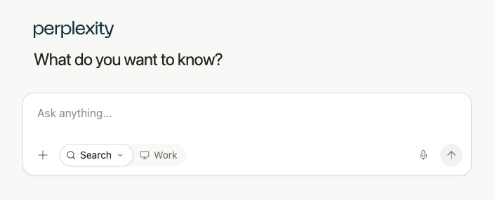 GlobalGPT Perplexity workspace with an Ask anything box and Search and Work controls