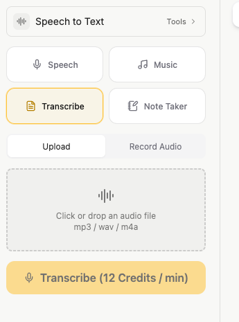 GlobalGPT 語音轉文字面板,具備上傳、錄製音訊,以及支援 MP3、WAV 和 M4A 格式輸入的功能