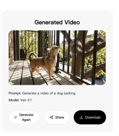 Veo 3.1 hasil video anjing di GlobalGPT, dengan kontrol prompt dan unduhan