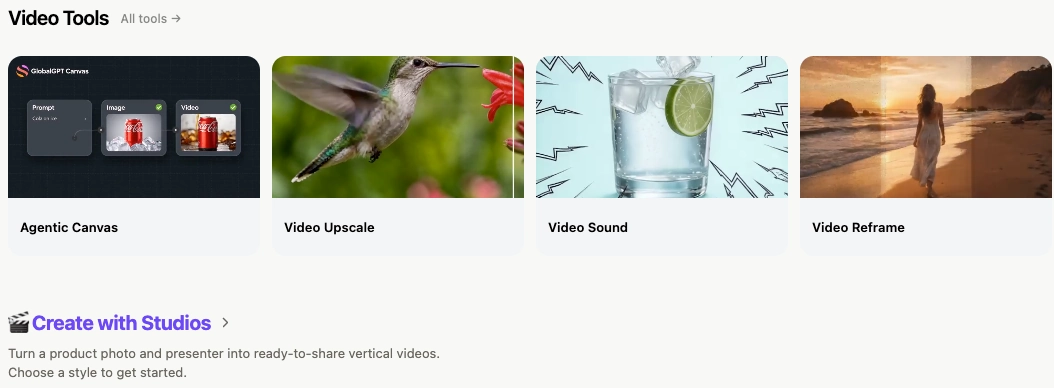 GlobalGPT video page showing Video Tools and the Create with Studios product-video entry