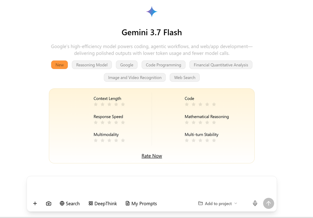 GlobalGPT Gemini 3.7 Espace de travail Flash avec les fonctionnalités « Recherche », « DeepThink », « Mes invites » et les commandes de projet