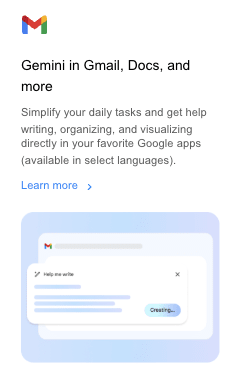 Illustration de la page « Avantages » de Google : « Aidez-moi à rédiger » dans Gmail
