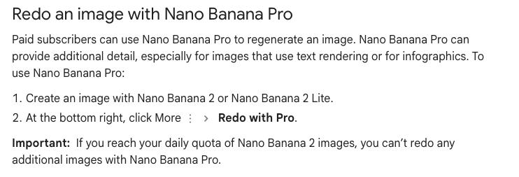 Gemini Apps Help explains Nano Banana Pro redo and the daily Nano Banana 2 image quota restriction