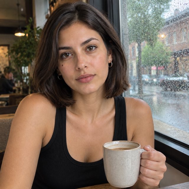 GPT Image 2.5 rainy café portrait of the same fictional woman holding a ceramic mug