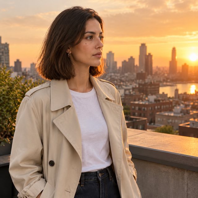 GPT Image 2.5 rooftop portrait of the same fictional woman in a cream trench coat