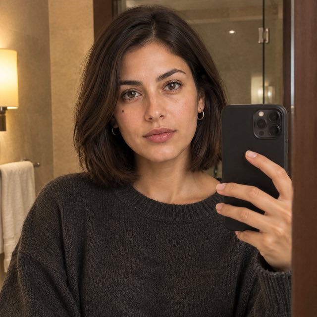 GPT Image 2.5 hotel bathroom mirror selfie of the same fictional woman in a charcoal sweater