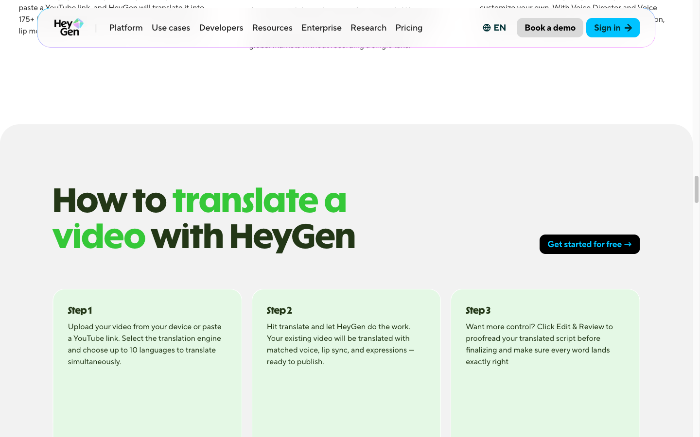 HeyGen’s official upload, translate and Edit and Review steps
