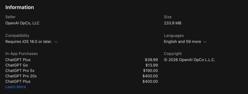 Daftar pembelian di Apple App Store yang menampilkan dua entri ChatGPT Plus dan opsi Pro 20x di sebelahnya