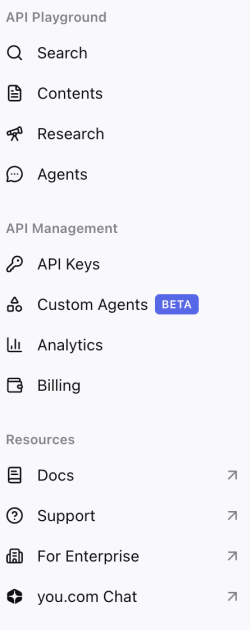 You.com 개발자 API 콘솔 상세 정보