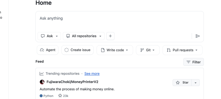 ask, agent, issue 및 pull request 제어 기능이 포함된 GitHub Copilot 웹 홈