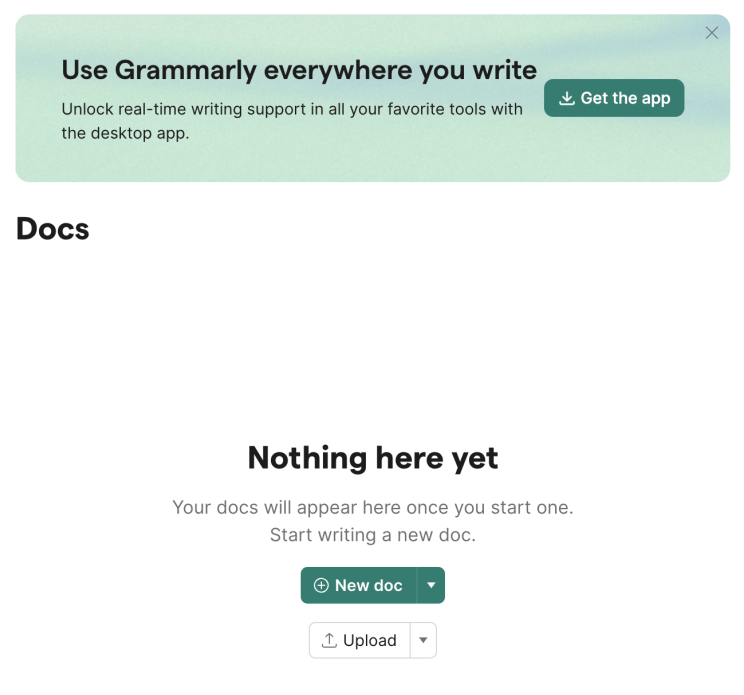 '새 문서' 및 '업로드' 기능이 추가된 Grammarly Docs 작업 공간