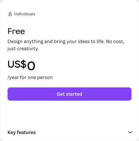 앞서 소개된 Canva 개인용 무료 요금제 카드에는 1인당 연간 US$0이 표시되어 있습니다.