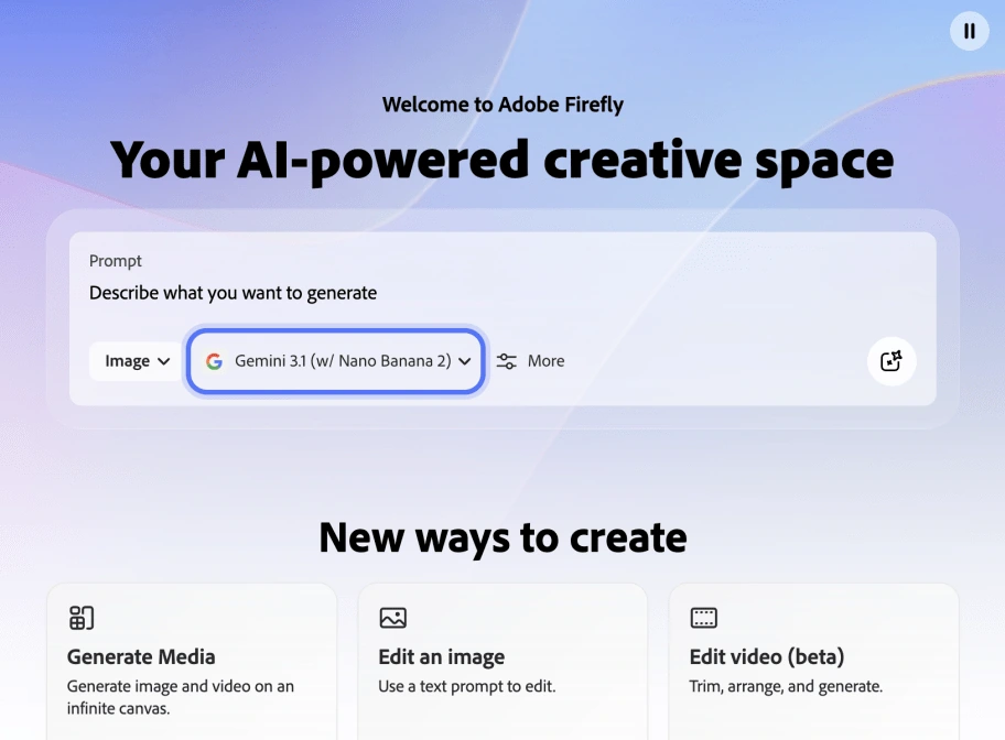 모델 선택기 및 창의적 작업 카드가 포함된 Adobe Firefly 프롬프트 작성기