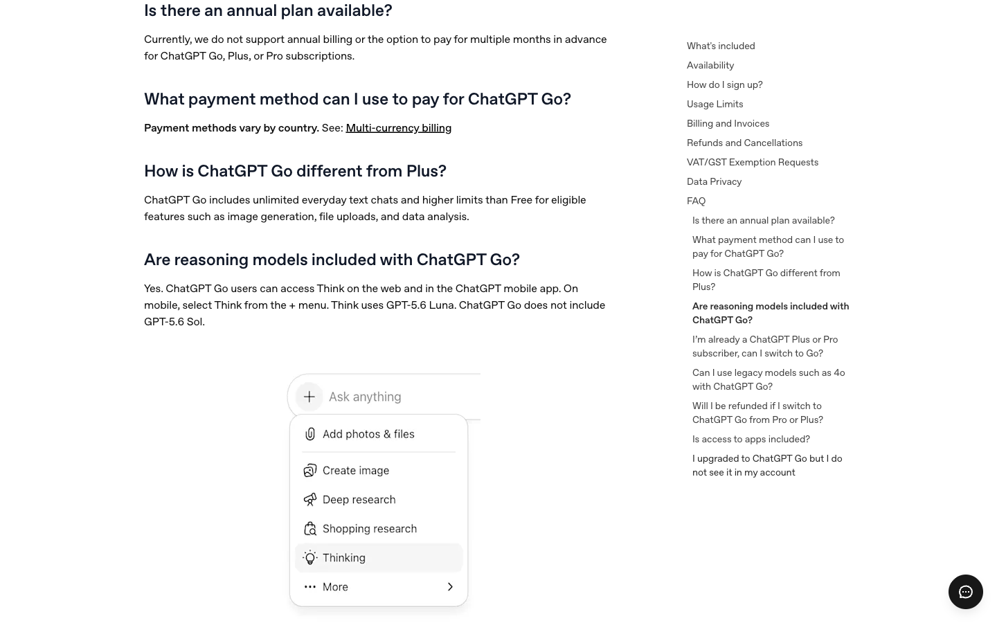 OpenAI ChatGPT Go 常见问题解答:展示仅按月计费以及使用 GPT-5.6 Luna 的 Think 选项
