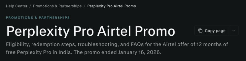 Auf der Perplexity-Hilfeseite wird angegeben, dass das Angebot von Airtel India am 16. Januar 2026 endete.