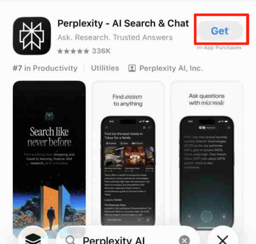 Daftar aplikasi Perplexity dengan tombol "Get" yang disorot
