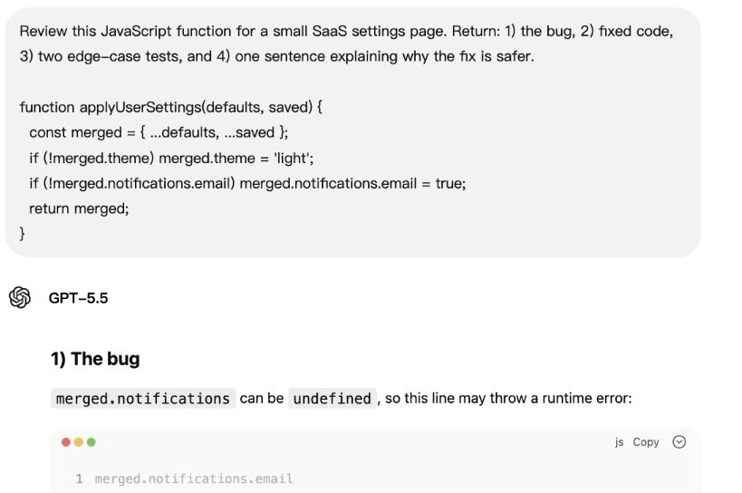 GPT-5.5 weist auf ein fehlendes verschachteltes Benachrichtigungsobjekt in der vorherigen Debugging-Aufgabe hin