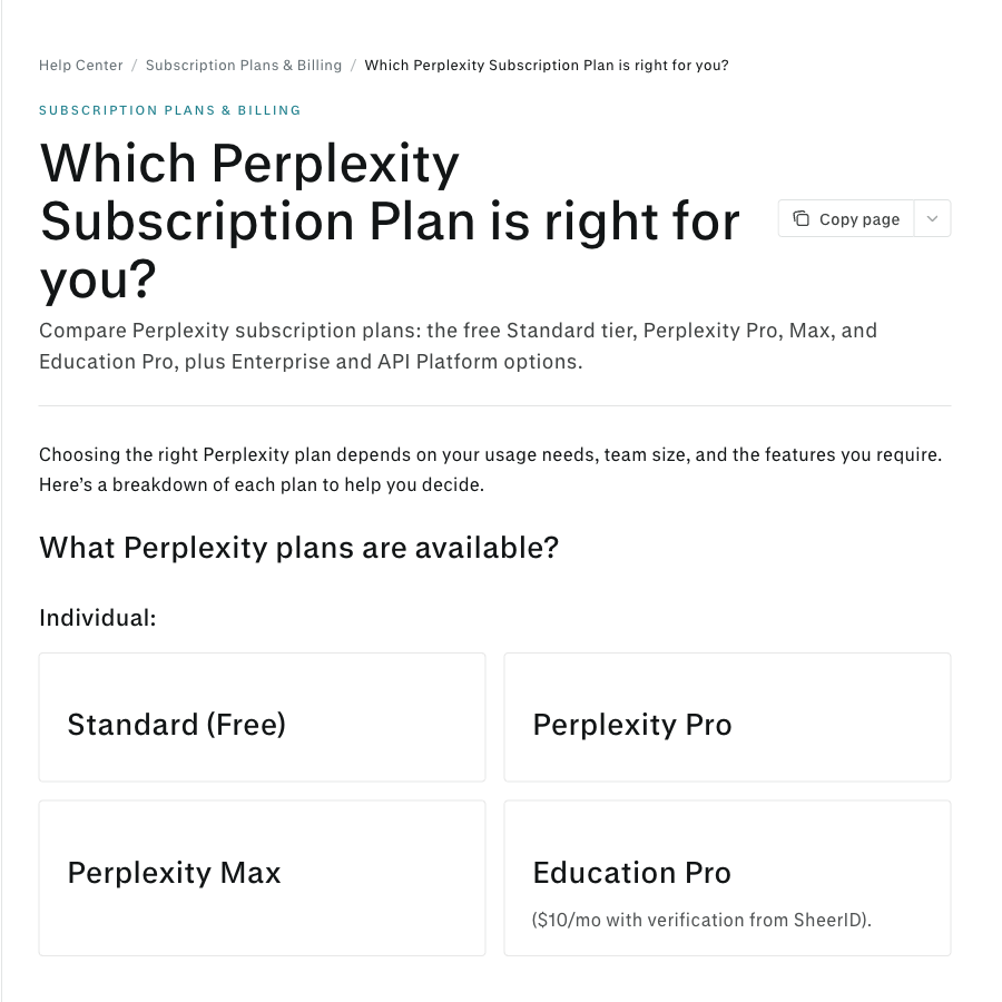 Perplexity Help Center showing Standard, Pro, Max, and Education Pro plan categories