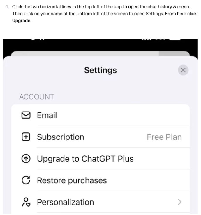 OpenAI iOSサンプル:無料プランのアカウントと、「設定」でのChatGPT Plusへのアップグレードを表示