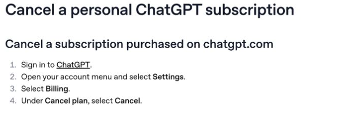 Web請求のChatGPTサブスクリプションに関する「設定」、「請求」、「プランの解約」、「解約」の手順を説明したOpenAIのガイド