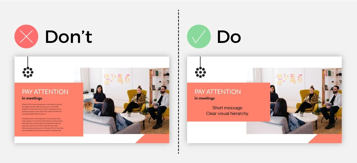 Do and do not examples for presentation graphics, showing contrast, simplicity, consistency, and resolution checks.