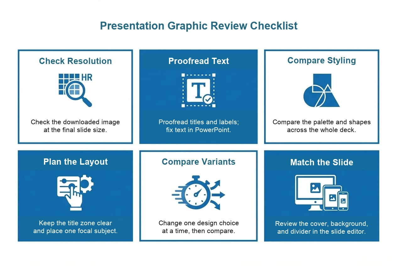 Presentation cover evaluation guide showing focal point, readable layout, color palette, and white space checks.