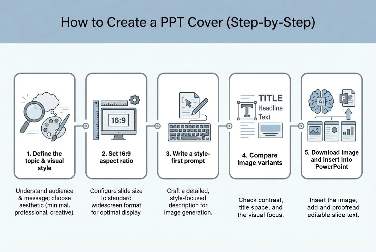 Presentation graphic workflow from prompt and image generation to download and PowerPoint insertion.