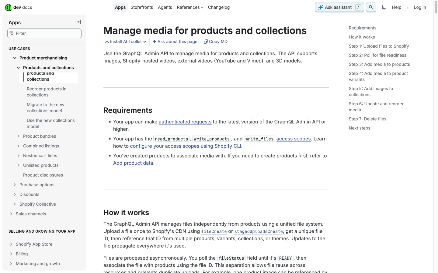 Shopify documentation separating media upload, readiness and product association