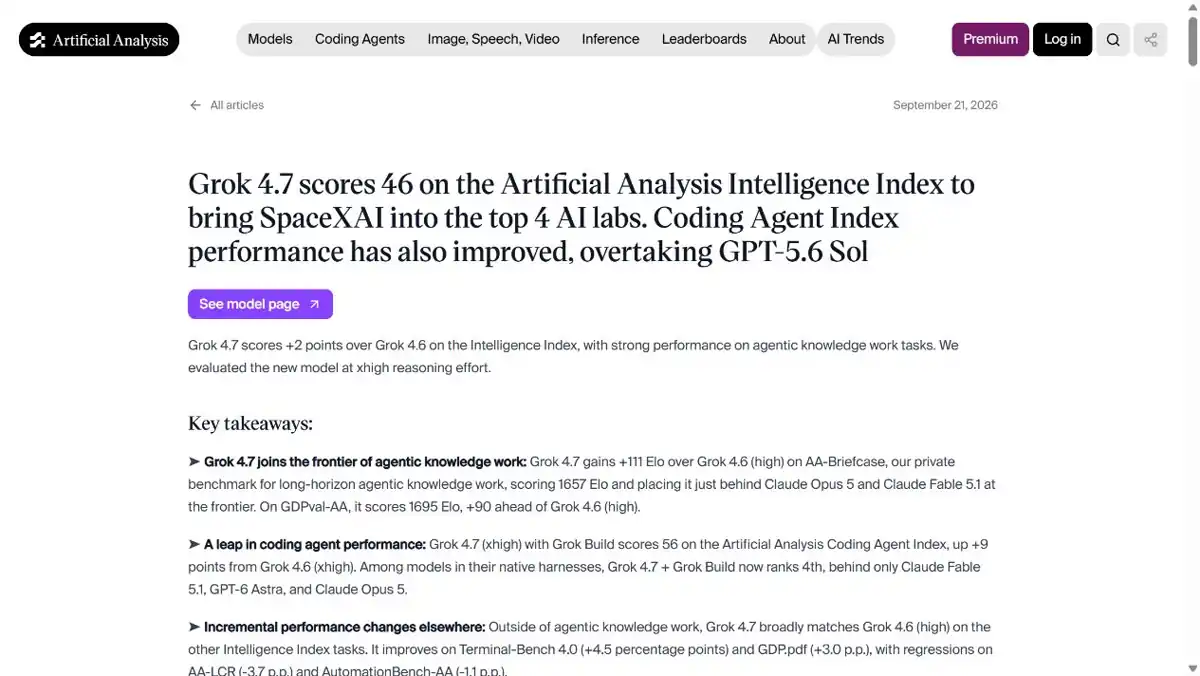 Artificial Analysis Grok 4.7 benchmark article with Intelligence Index and AA-Briefcase takeaways