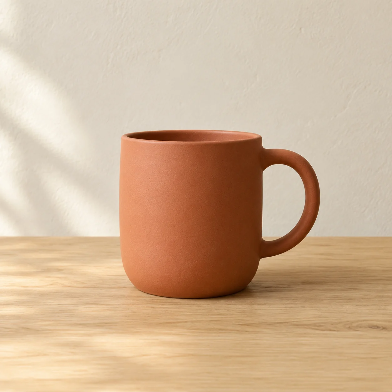 Fotografia original quadrada de uma caneca de terracota sobre uma mesa de carvalho claro