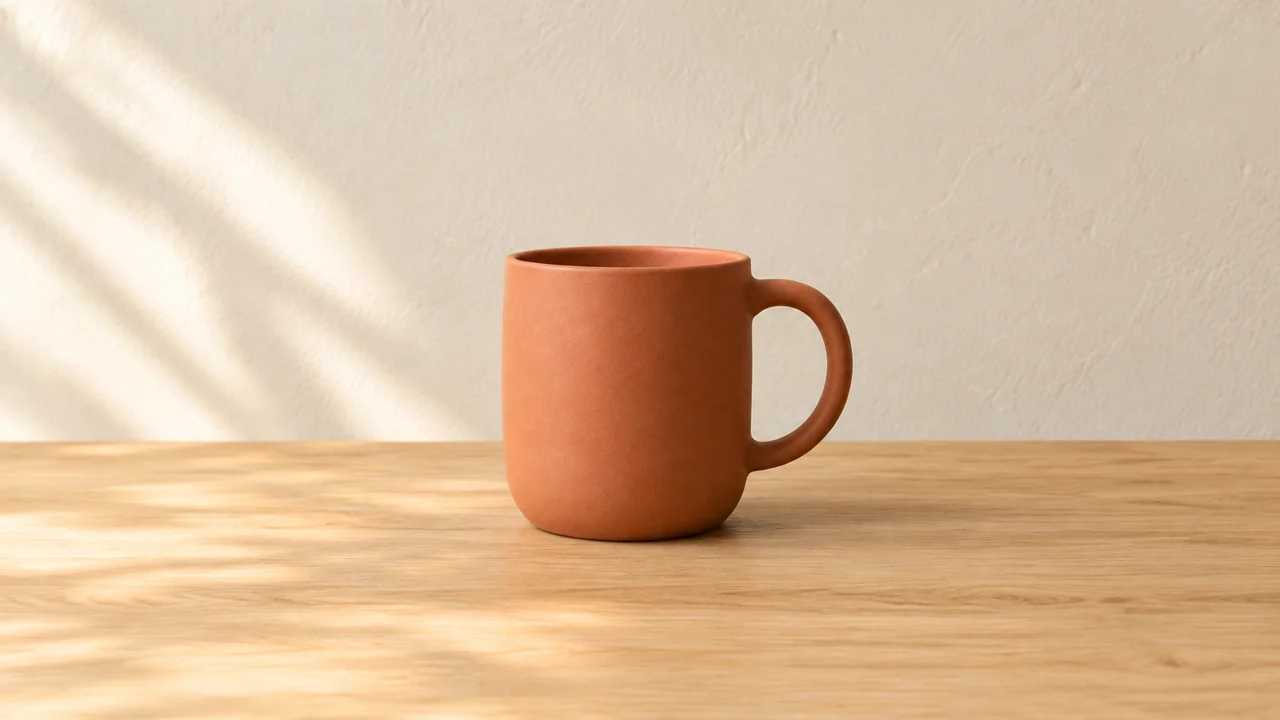 Imagem ampliada da caneca, com parede de gesso e tampo de mesa de carvalho em ambos os lados