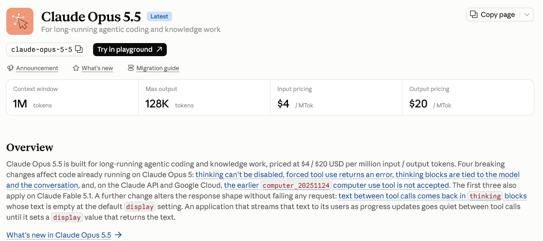 Claude Opus 5.5 official model documentation showing a 1M context window, 128K maximum output, and $4/$20 per million token prices.
