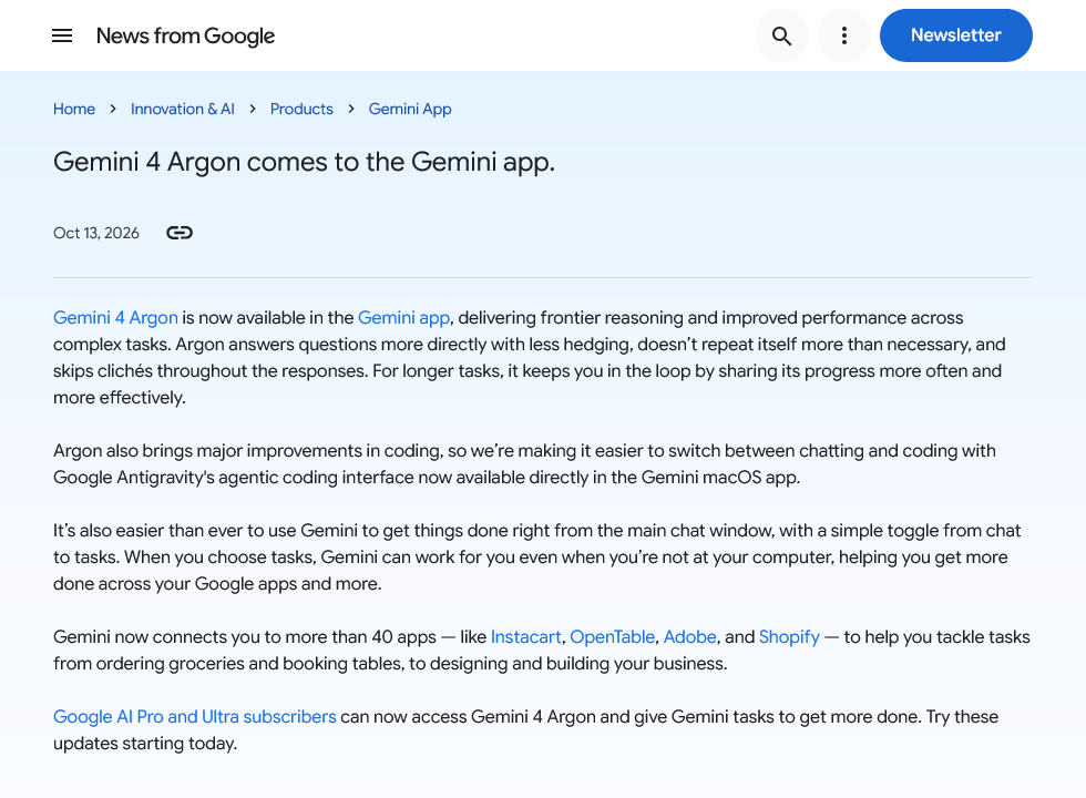 Google’s October 13 announcement says Google AI Pro and Ultra subscribers can access Gemini 4 Argon in the Gemini app.