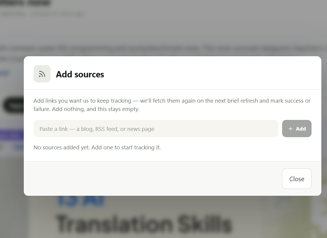 GlobalGPT AI RSS Add sources dialog for blogs, RSS feeds, and news pages
