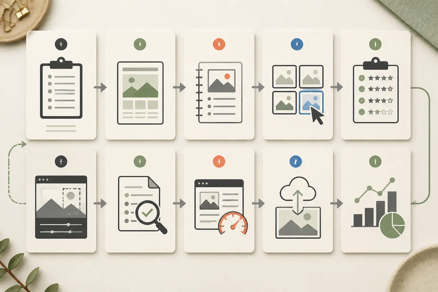 Editorial image production pipeline from outline and image map through review, optimization, upload, and measurement