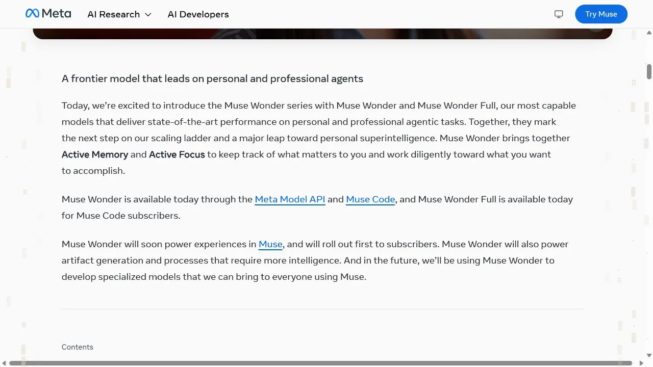 Meta AI Research launch excerpt describing Muse Wonder, Active Memory, Active Focus, API access and the Muse Code-only Full variant.