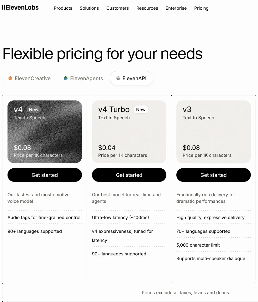 ElevenLabs official API pricing for Eleven v4 and v4 Turbo
