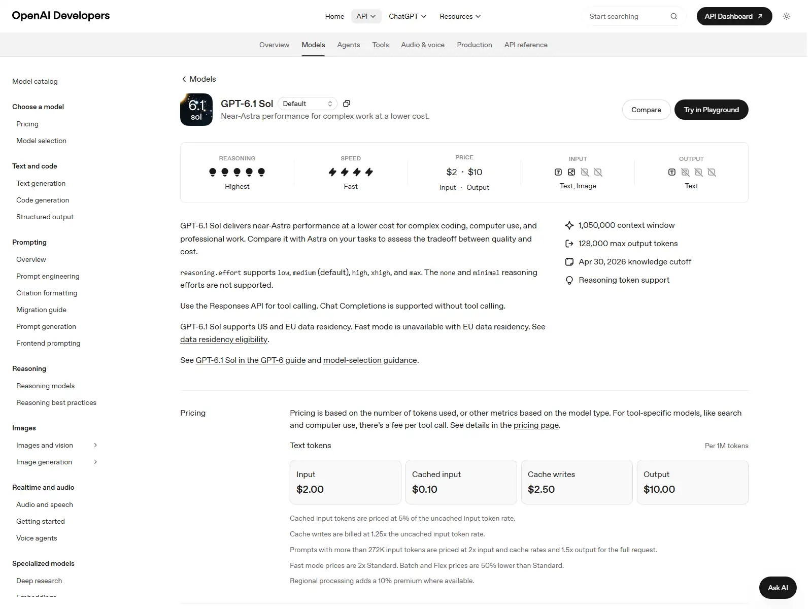 OpenAI developer page showing GPT-6.1 Sol positioning, specifications, and Standard pricing